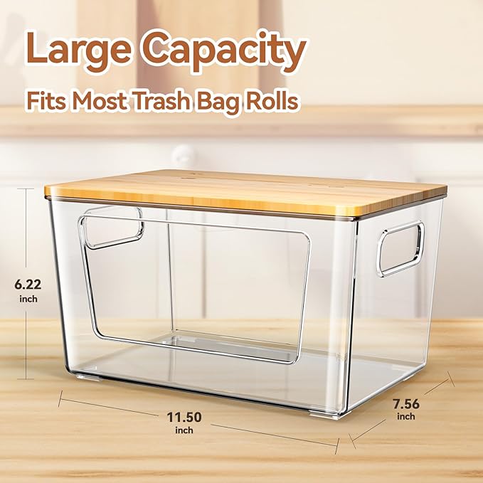 2 Pack Trash Bag Holder with Bamboo Lid, Stackable Trashbag Dispenser, Extra - Image 3