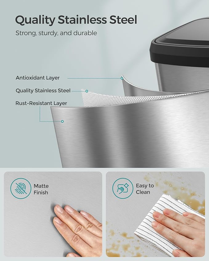 SONGMICS Kitchen Trash Can, 13 Gallon Stainless Steel Garbage Can, - Image 8