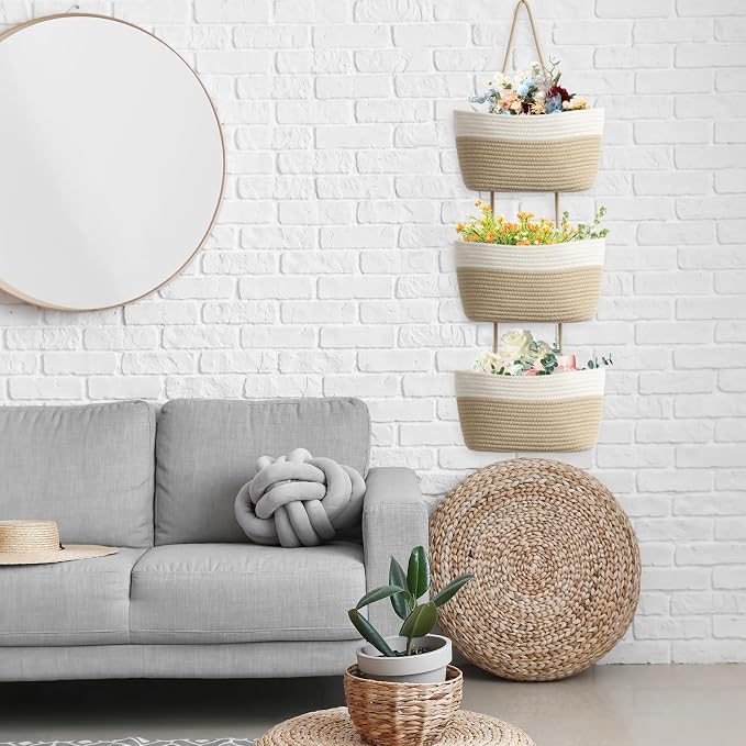 TeoKJ Over the Door Hanging Basket, 3-Tier Woven Cotton Wall-Mounted Storage - Image 2