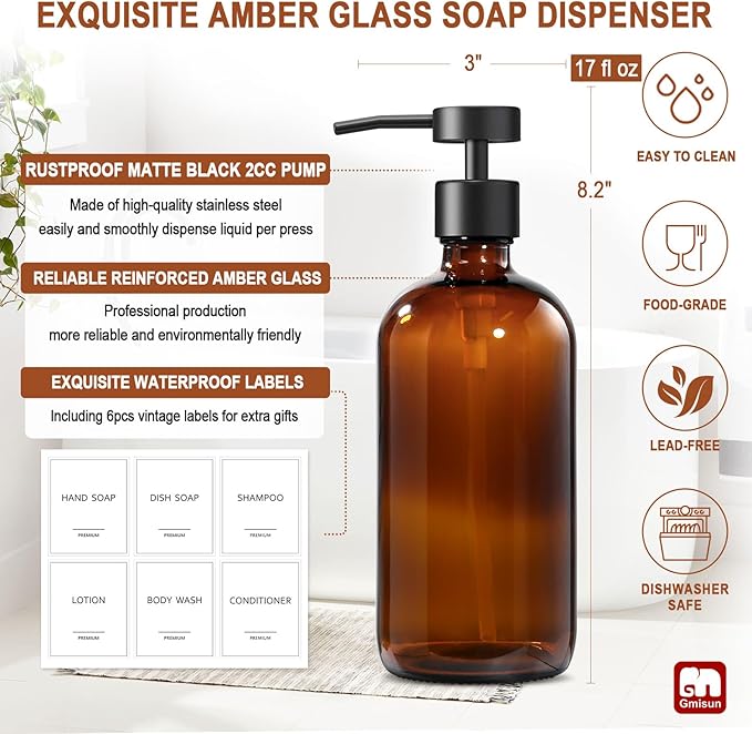 GMISUN Amber Glass Soap Dispenser, 4 Pack Bathroom Hand Soap Dispensers - Image 3