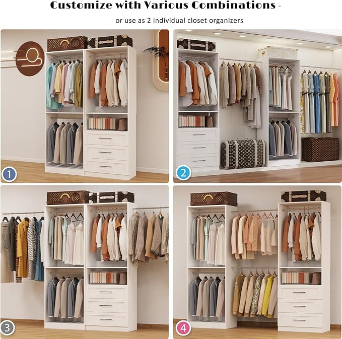 Closet System with 2 Sets, 4FT Closet Organizer Systems with 3 Wooden Drawers & - Image 6