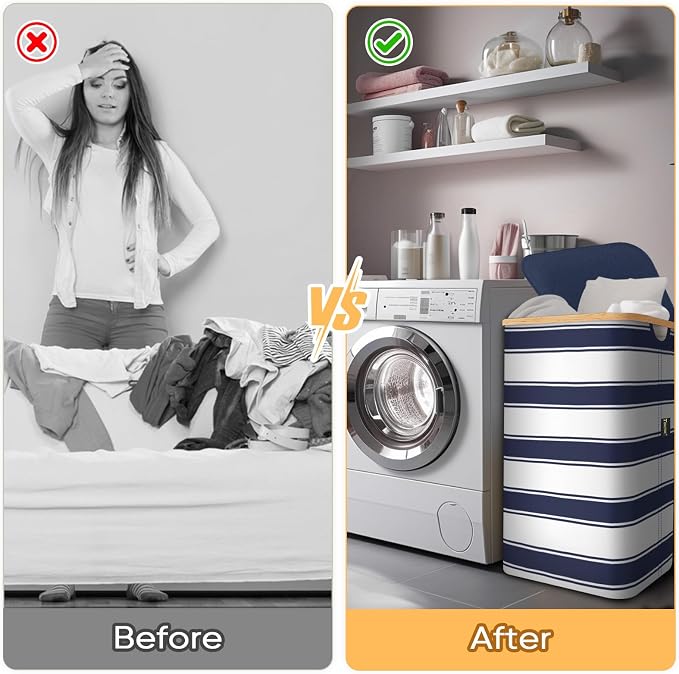 BALEINE Laundry Hamper with Lid, Tall Laundry Baskets with Bamboo Pull Handles - Image 7