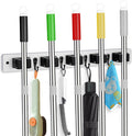 Broom Holder Wall Mount With 5 Slots & 4 Hooks，Rustic Wood Broom & Mop by FunCee