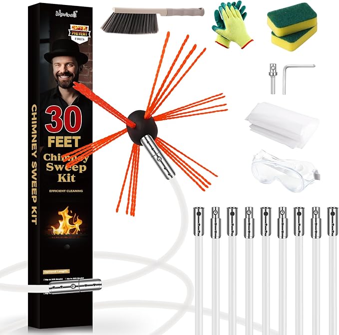 30 Feet Chimney Sweep Kit, Chrome Button Locking System, Chimney Cleaning Kit by Morinoli