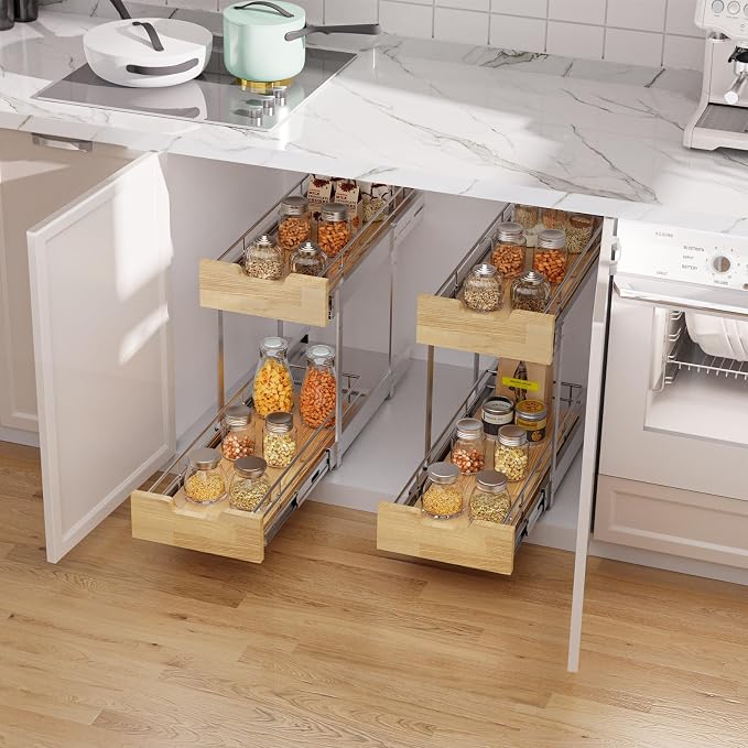 Pull Out Cabinet Organizer, Heavy-Duty Slide Out Shelf, Wood and Wire Basket - Image 5