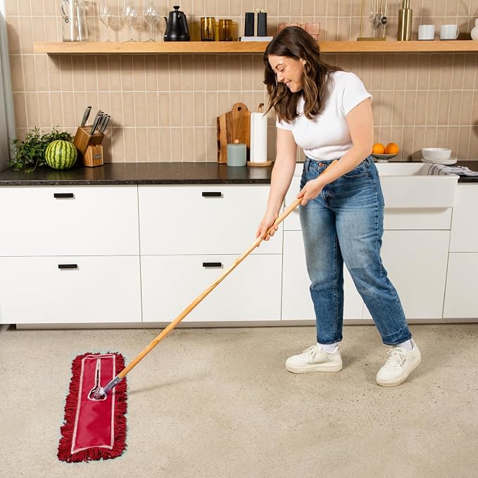 24 Inch Red Commercial Dust Mop & Floor Sweeper – Wood Handle Floor Mop - Image 2