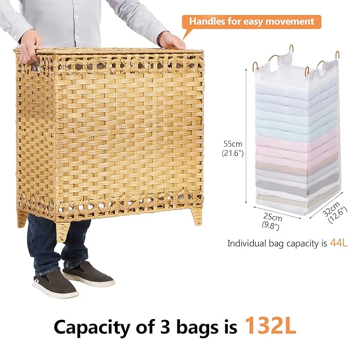 Laundry Hamper with 3 Removable Liner Bags; 132L Handwoven Rattan Laundry - Image 4