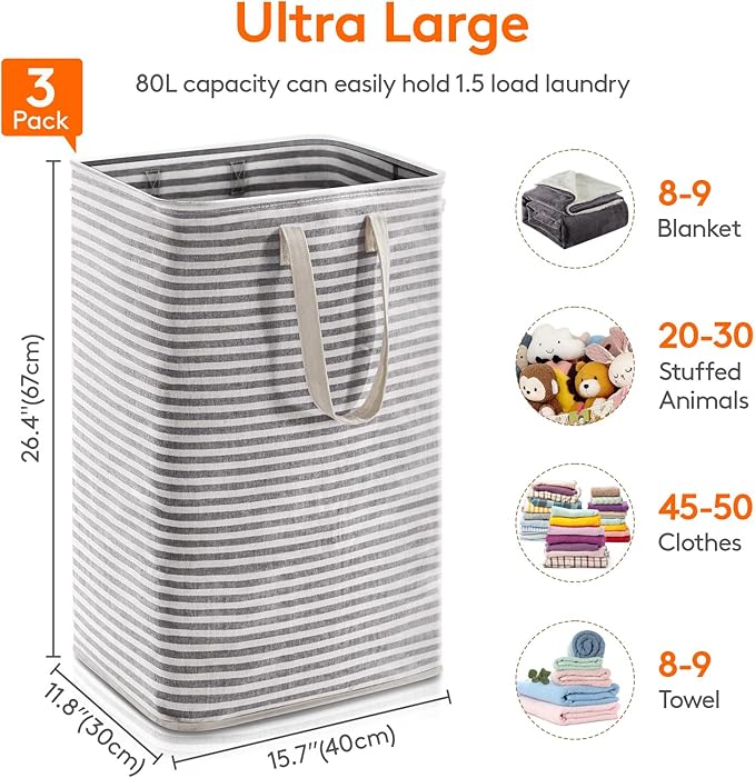 Lifewit 3 Pack Laundry Hamper Large Collapsible Laundry Baskets, Freestanding - Image 3