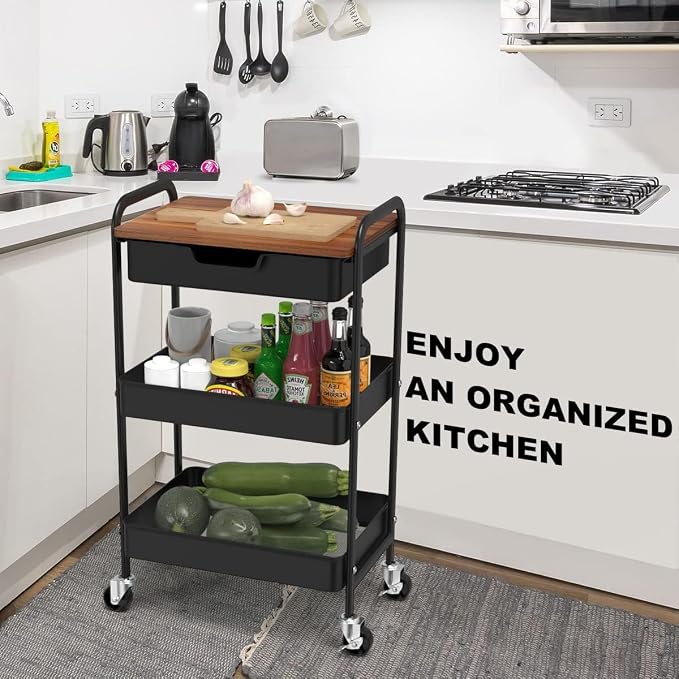 3 Tier Rolling Cart with Drawer, Metal Utility Cart on Wheels Storage Cart with - Image 9