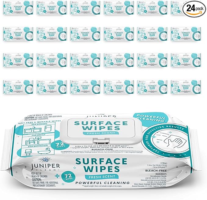 24 Pack Surface Cleaning Wipes Bleach Free, All-Purpose Cleaner by JuniperCLEAN