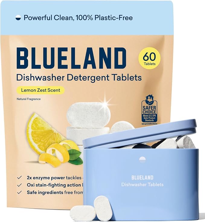 BLUELAND 100% Plastic-Free Dishwasher Detergent Tablets, Starter Set, Lemon Zest by BLUELAND