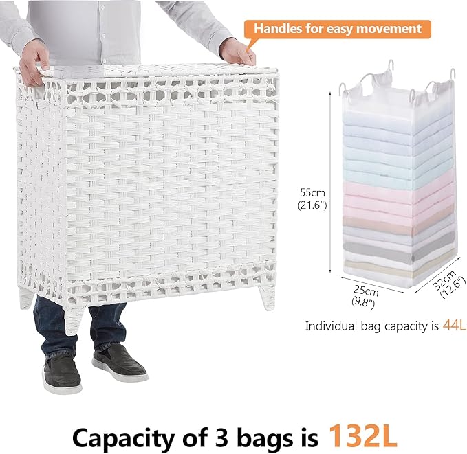 Laundry Hamper with 3 Removable Liner Bags; 132L Handwoven Rattan Laundry - Image 4