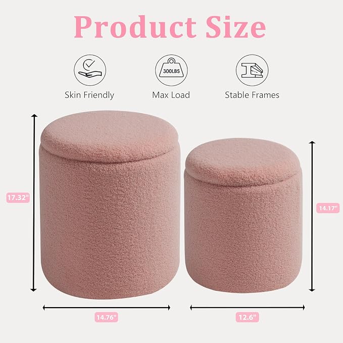 Round Ottoman with Storage Set of 2-Upholstered Sherpa Vanity Stool - Image 3