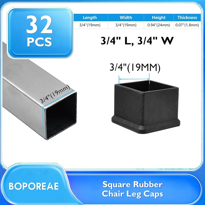 32 Pcs 3/4" x 3/4" Square Rubber Chair Leg Caps, PVC Table Leg Covers, Flexible - Image 2
