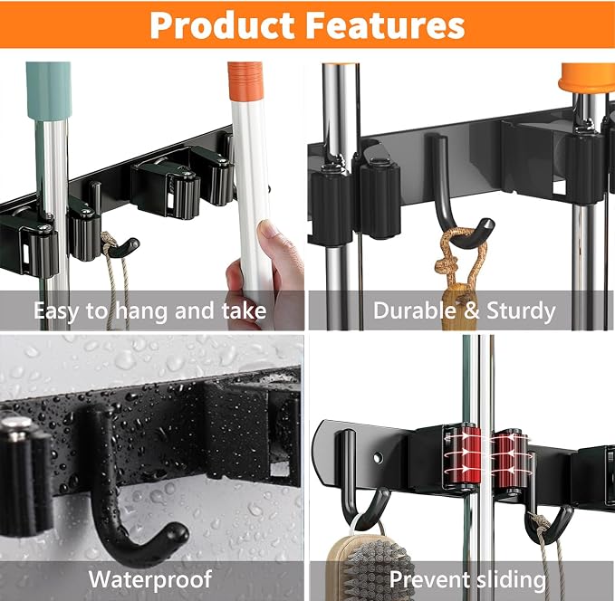 2 Pack Mop and Broom Holder Wall Mount, Non-slip Broom Hanger Wall Mount - Image 4