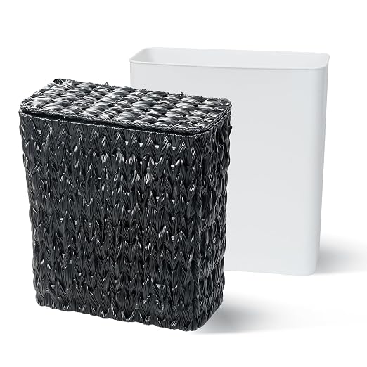 Black Wicker Trash Can with Lid and Liner, Waterproof Narrow Waste Basket - Image 6