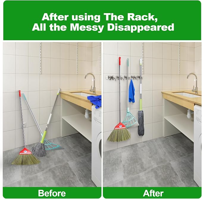 voze 5 Racks and 4 Hooks Mop and Broom Holder Wall Mount, Self Adhesive Heavy - Image 3