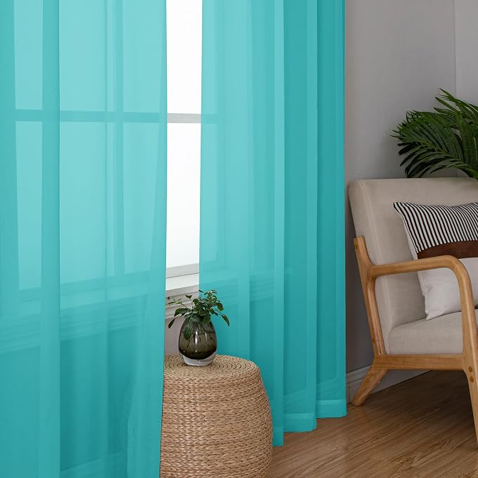 Chyhomenyc Turquoise Sheer Curtains 54 Inch Long 2 Panels, Light Filtering Rod - Image 5