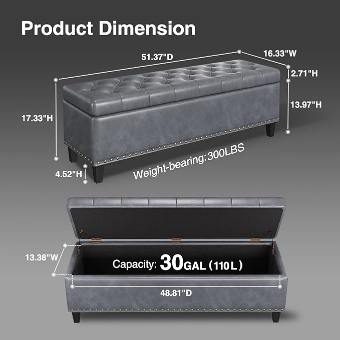 Storage Ottoman Bench, 51-Inch Large Storage Ottoman - Image 2