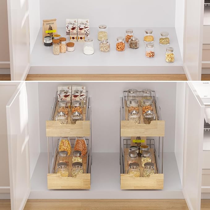 Pull Out Cabinet Organizer, Heavy-Duty Slide Out Shelf, Wood and Wire Basket - Image 6