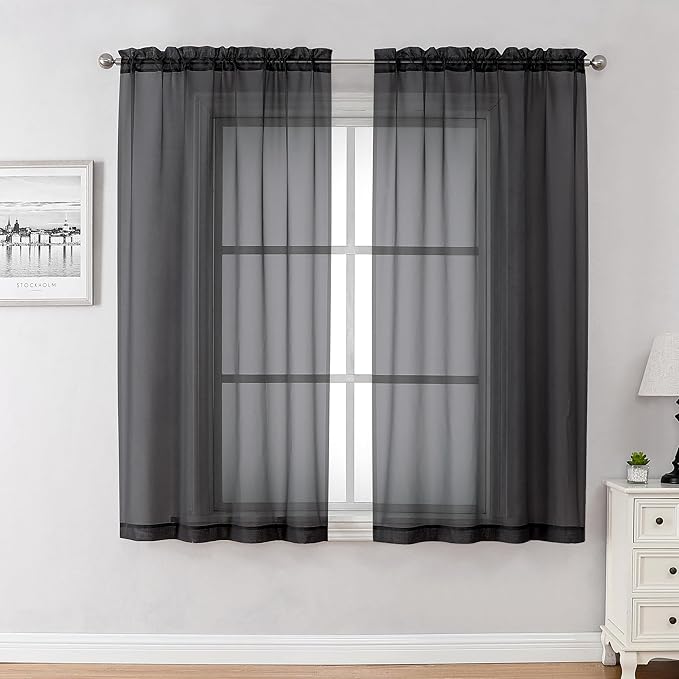 Chyhomenyc Black Sheer Curtains 45 Inches Length 2 Panels, Light Filtering Soft by Chyhomenyc
