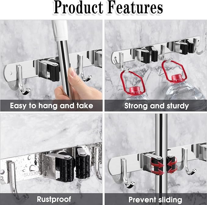 2 Racks and 3 Hooks Broom and Mop Holder Wall Mounted Garage Organizer Storage - Image 2