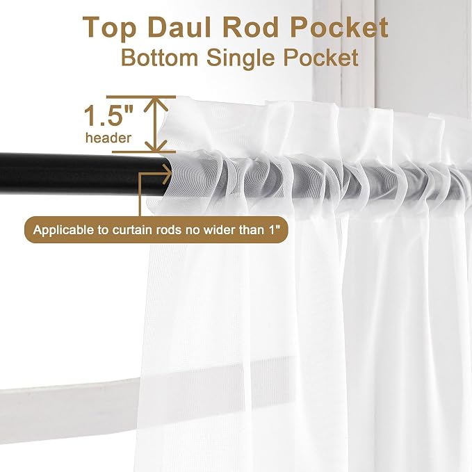 Chyhomenyc White Sheer Curtains 30 inch Length 2 Panels, Light Filtering Voile - Image 3