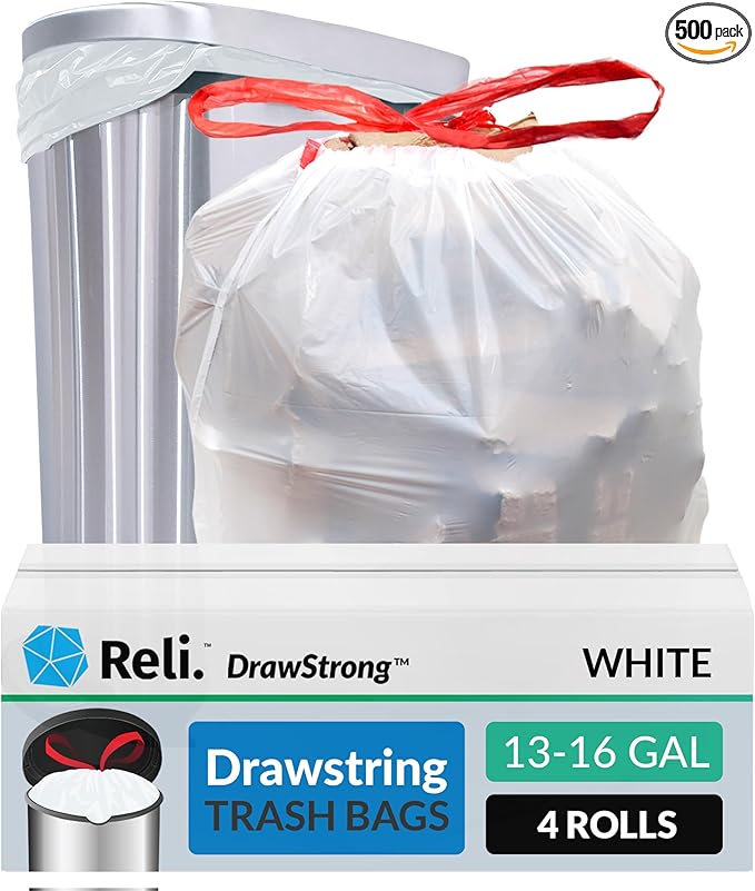 Reli. Tall Kitchen Drawstring Trash Bags 13 Gallon | 500 Count Bulk | Kitchen by Reli