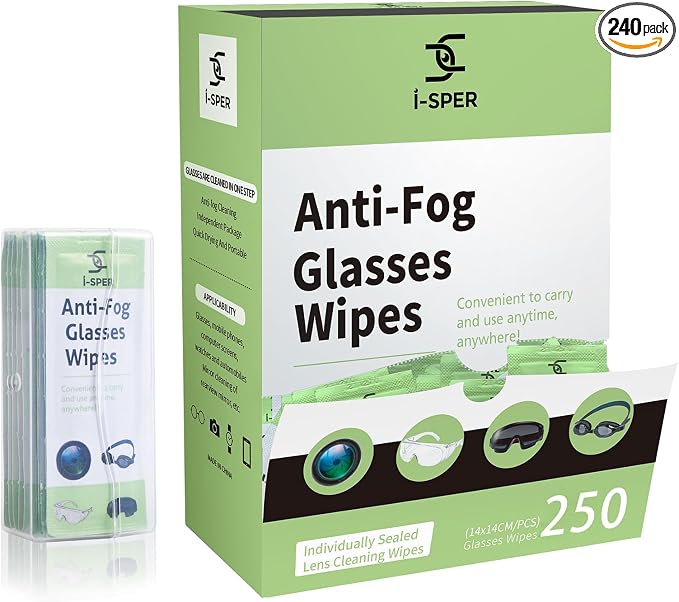 250 Count Anti Fog Lens Wipes for Eyeglasses, Pre-Moistened Individual Wrapped by i-SPER