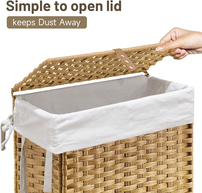 70L Slim Laundry Hamper with Lid & Wheels, Rolling Laundry Basket with 2 - Image 5