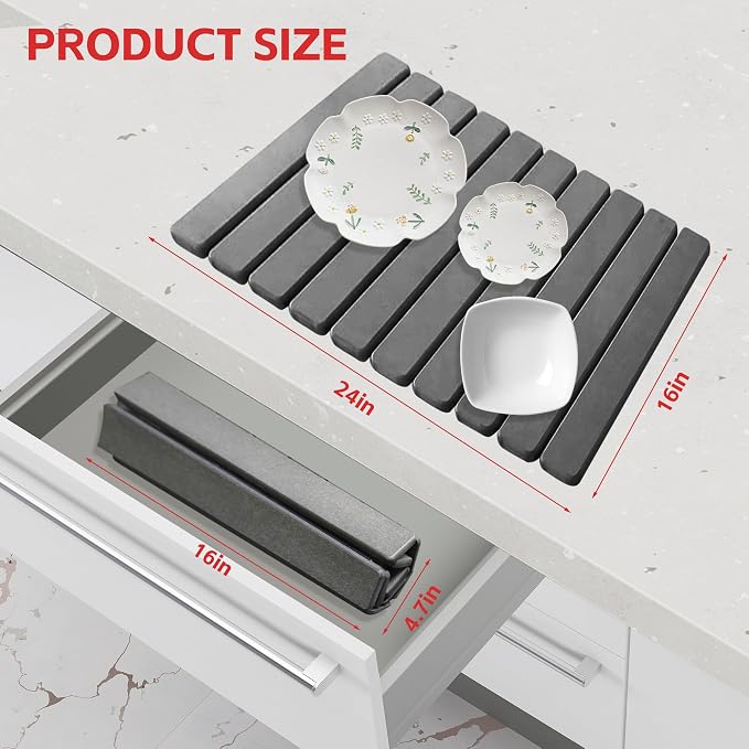 Stone Drying Mat For Kitchen Counter 24"x16" Foldable Super Absorbent Non-Slip - Image 3