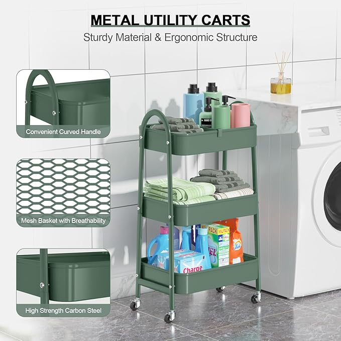 EAGMAK 3 Tier Utility Rolling Cart, Metal Storage Cart - Image 2