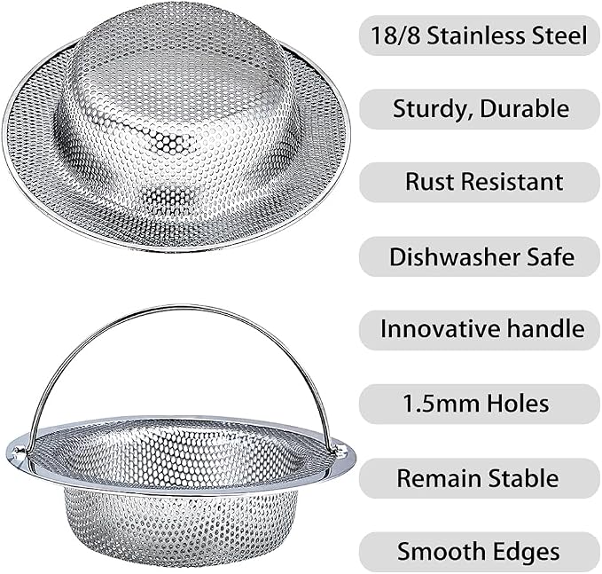 Kitchen Sink Strainer, 4.5" Diameter, Stainless Steel, Rust Free and Dishwasher - Image 3