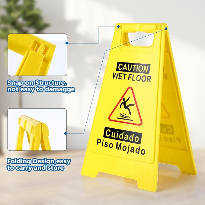 8-Pack Caution Wet Floor Sign, 17.5" Height, Bright Yellow Double-Sided Folding - Image 4