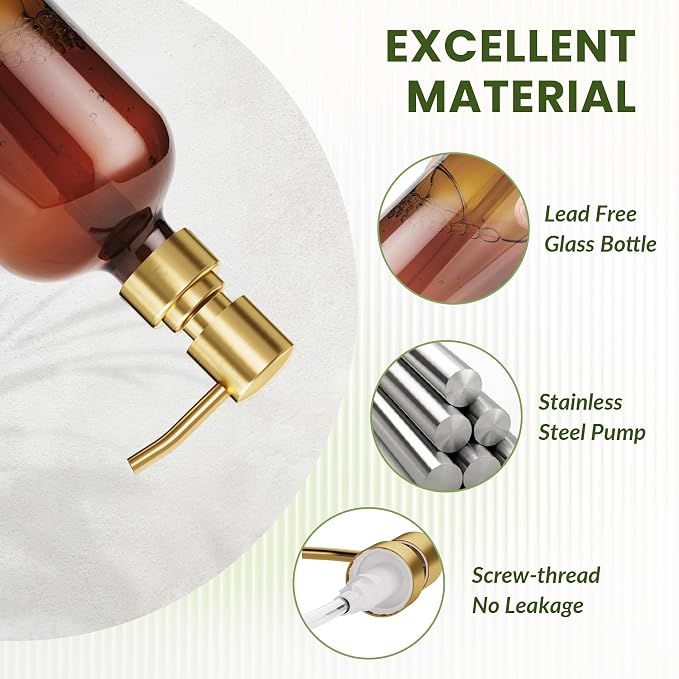 AmazerBath Amber Glass Soap Dispenser, 2 Pack Vintage Brown Bottle - Image 3