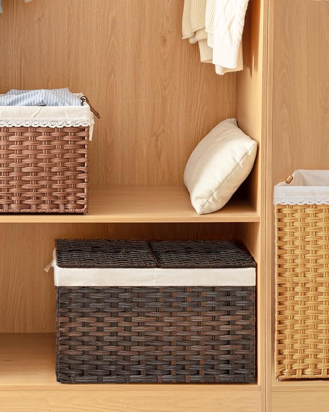 Storage Basket with Lid Rattan Storage Basket with 2 Separate Lid, 27.8 Gallon - Image 7