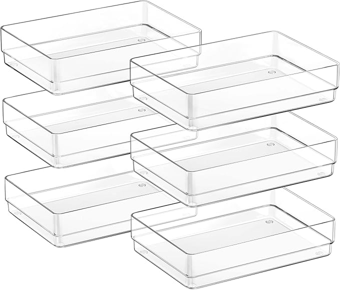 SMARTAKE 6 PCS Clear Plastic Drawer Organizers Set, Large Size Non-Slip Desk by SMARTAKE
