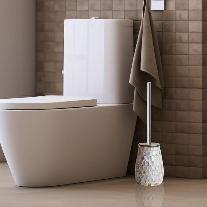 Escenzy Modern Toilet Brush and Holder Set | Natural Shell Mosaic Glass | - Image 3