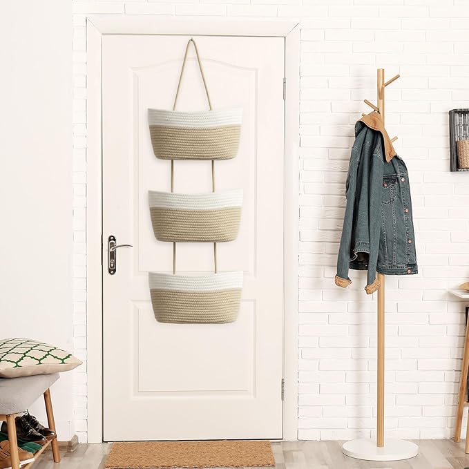 TeoKJ Over the Door Hanging Basket, 3-Tier Woven Cotton Wall-Mounted Storage - Image 5
