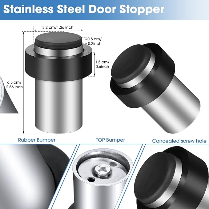 Chumia 6 Pcs Door Stopper Mounted Floor Stops Stainless Steel Cylindrical - Image 2