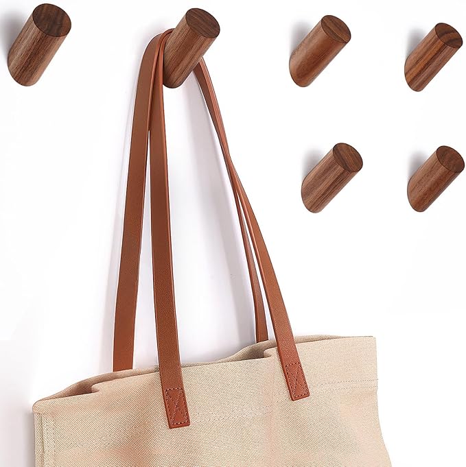 6 Pack Wood Hooks, Natural Coat Hooks Wall Mounted by Felidio