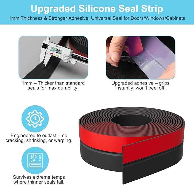 Heavy-Duty 20 ft x 1 in Weather Stripping, Door Draft Stopper Silicone Seal - Image 3