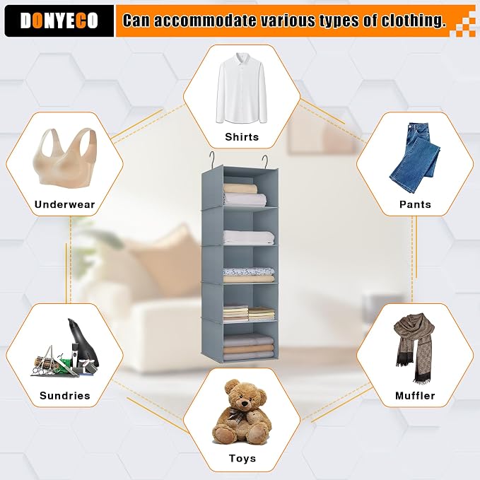 Hanging Closet Organizer 5-Shelf, Easy Mount Foldable Wardrobe Storage Shelves - Image 7