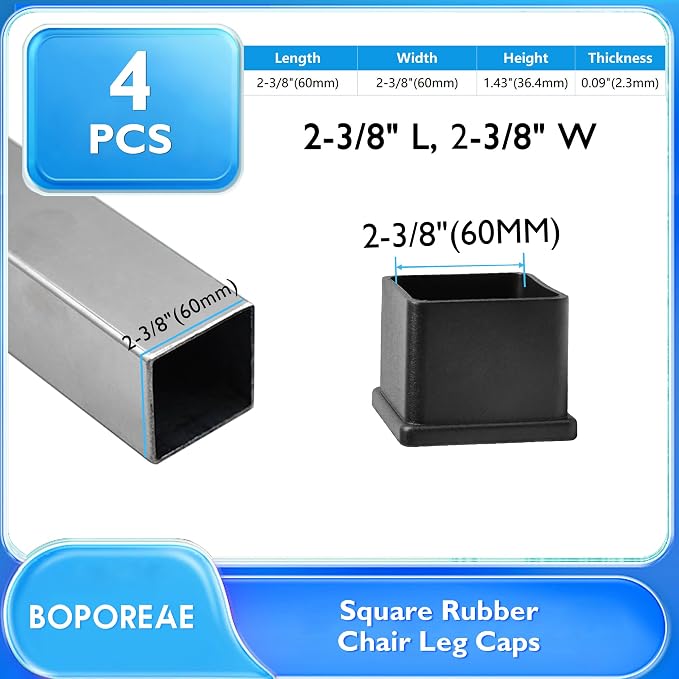 4 Pcs 2-3/8" x 2-3/8" Square Rubber Chair Leg Caps, PVC Table Leg Covers - Image 2