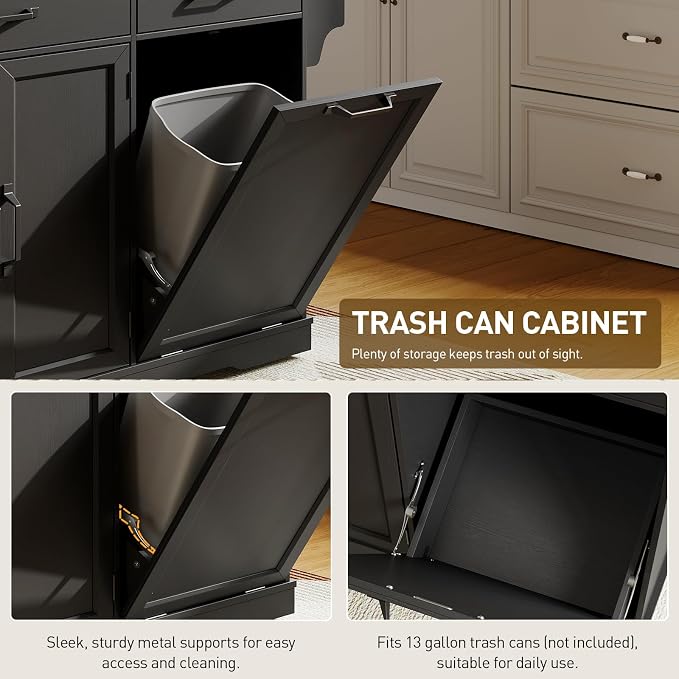Kitchen Island with Power Outlet & Drop Leaf, Rolling Storage Cart with Trash - Image 5
