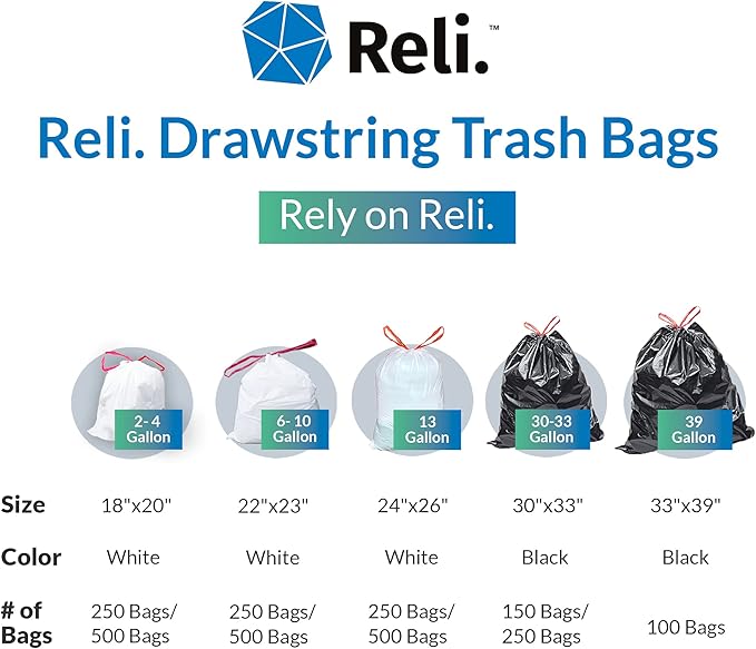 Reli. Tall Kitchen Drawstring Trash Bags 13 Gallon | 500 Count Bulk | Kitchen - Image 7