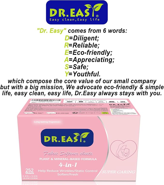 DR.EASY Dryer Sheets Plant Based Formula 252 Ct Super Caring, Softener sheets - Image 9