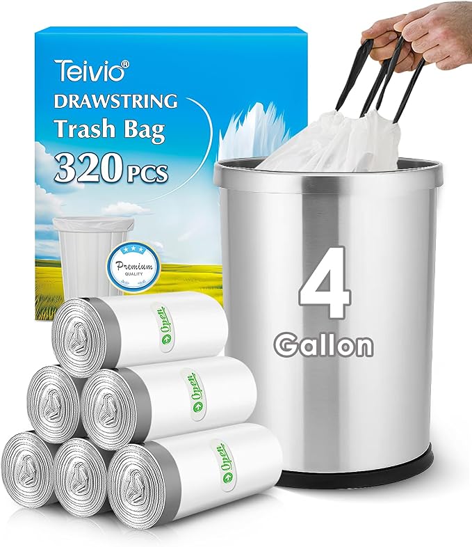 4 Gallon 320 Counts Strong Drawstring Trash Bags Garbage Bags by Teivio by Teivio
