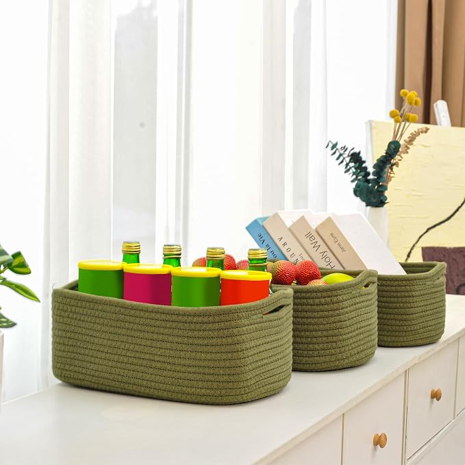 Small Green Storage Baskets for Organizing Shelves, Cute Woven Baskets for - Image 4