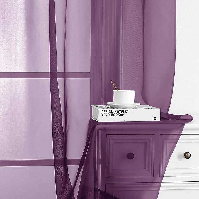 Chyhomenyc Plum Sheer Curtains 63 Inch Length 2 Panels, Rod Pocket Solid Window - Image 6